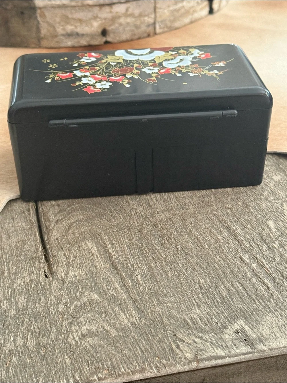 Vintage Asian Black Floral Lacquered Jewelry Box